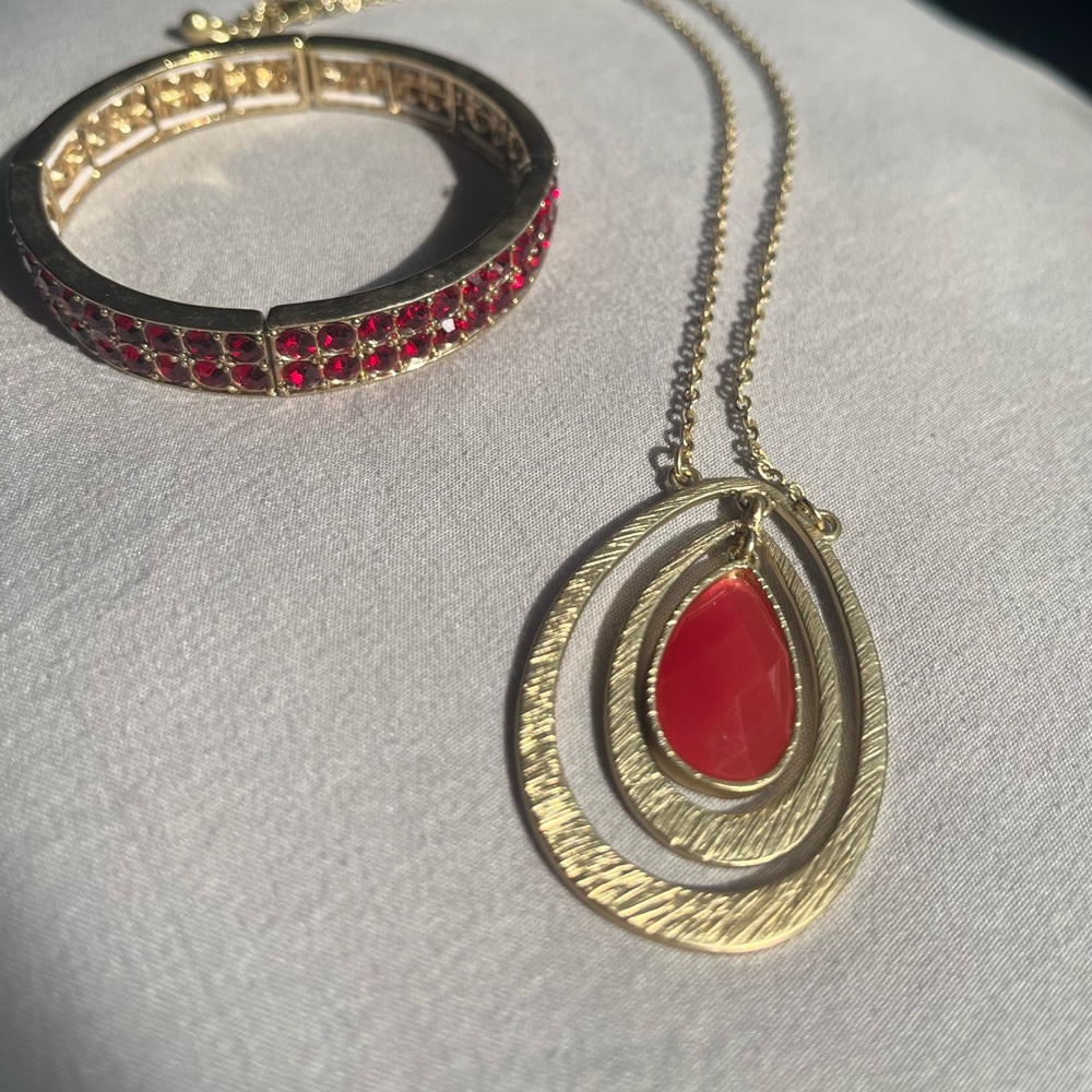 Gold Tone Red Stone Pendant Necklace & Rhinestone Bracelet Set